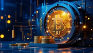 企業の金庫に保管されたビットコインのシンボル。伝統的金融とデジタル資産の融合を象徴する。