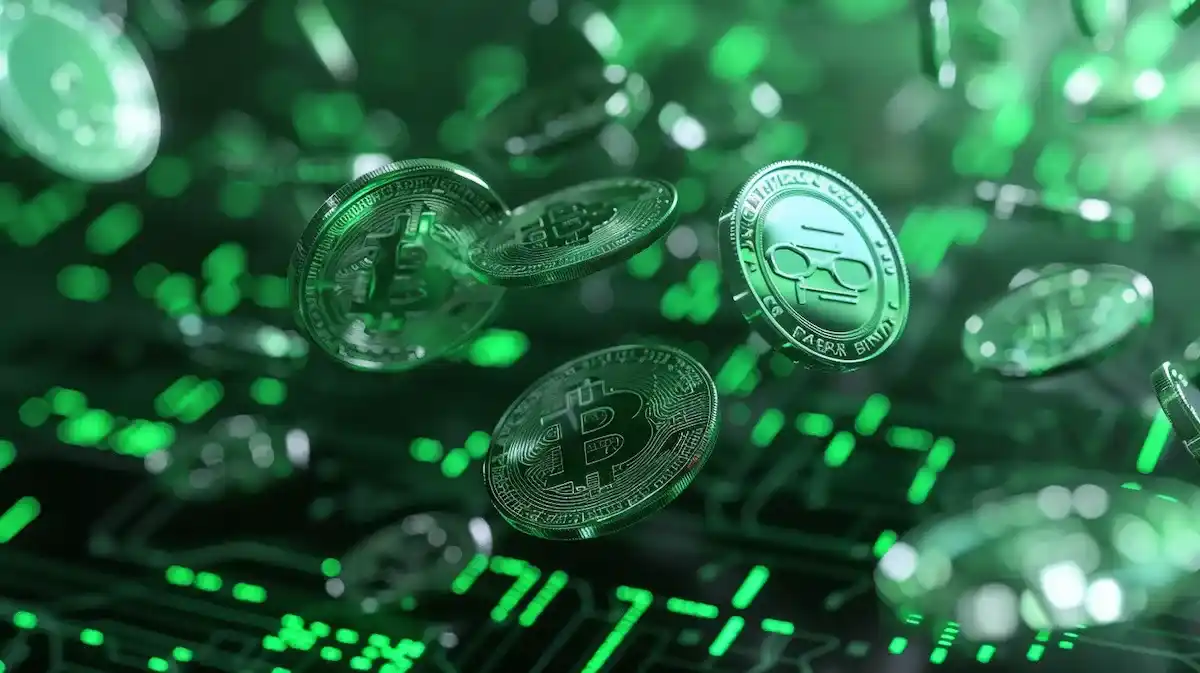 緑の基盤の上に仮想通貨が降っている