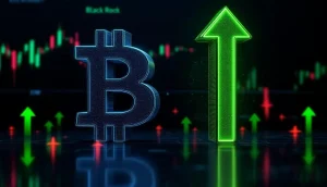 ビットコインとブラックロックのロゴと、緑の上昇矢印