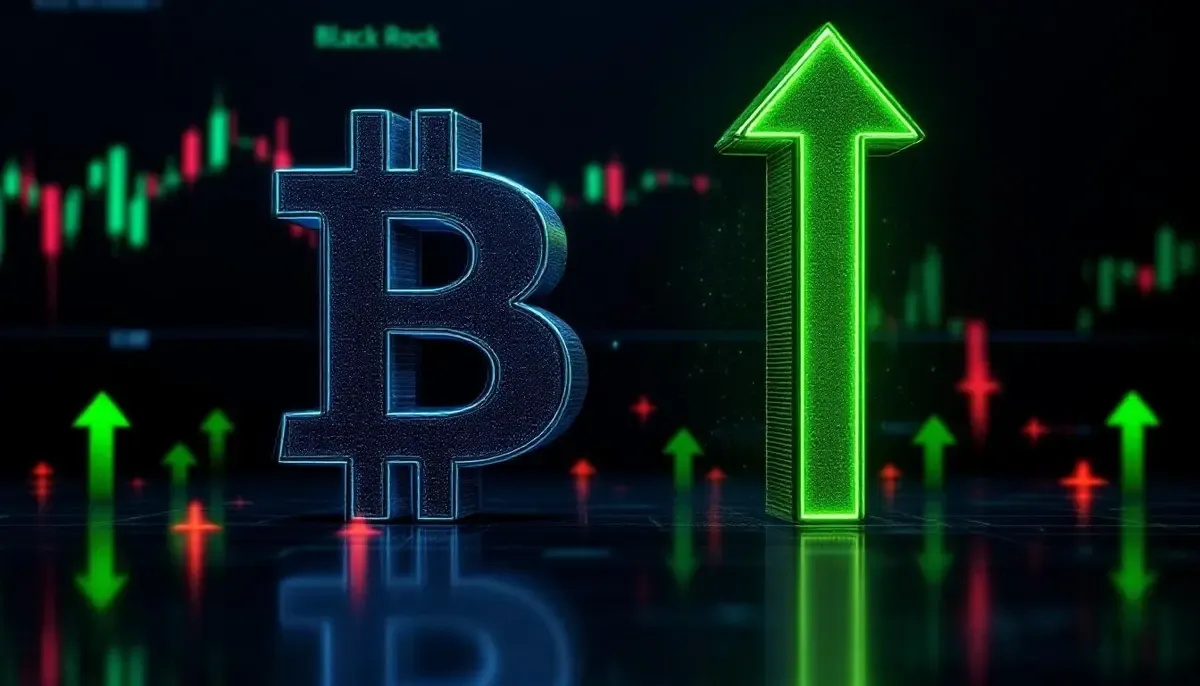 ビットコインとブラックロックのロゴと、緑の上昇矢印