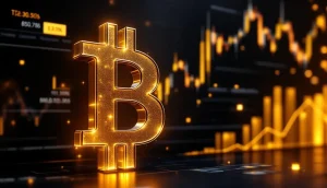 上昇する金融チャートを背景に、黄金色に輝くビットコインのシンボル