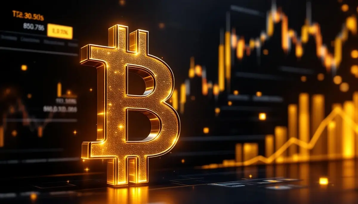 上昇する金融チャートを背景に、黄金色に輝くビットコインのシンボル