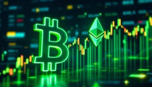 上昇する金融チャートを背景に、緑色に輝くビットコインとイーサリアムのシンボル