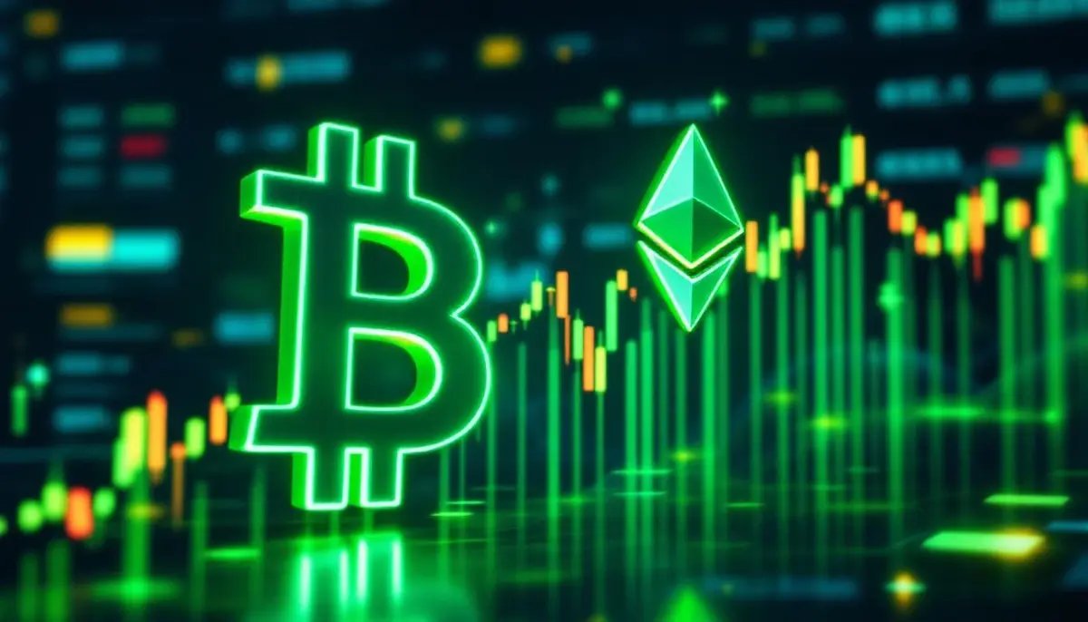 上昇する金融チャートを背景に、緑色に輝くビットコインとイーサリアムのシンボル