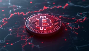 地政学的な地図と不安定なデータチャートを背景に、赤く光るビットコインのシンボル