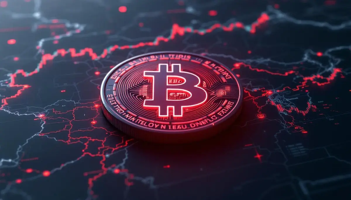 地政学的な地図と不安定なデータチャートを背景に、赤く光るビットコインのシンボル