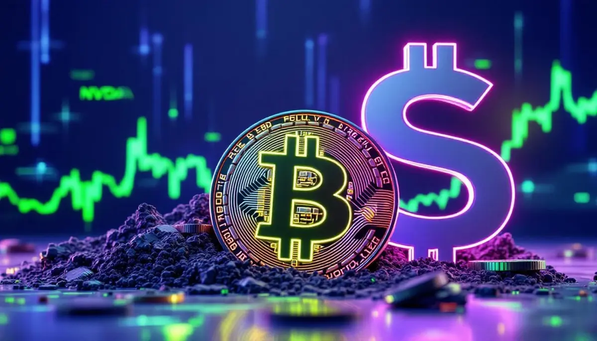 上昇するビットコインとNvidiaのロゴ、背景には下落するドルと上昇する金融チャート