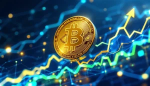 未来的な金融チャートを背景に上昇するビットコインのシンボル