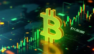 11万ドルを突破し上昇するビットコインのシンボルと金融チャート