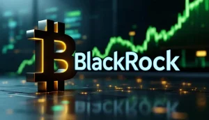 ブラックロックのロゴとビットコインのシンボルが融合し、背景に上昇する金融チャートが表示されている未来的なイメージ