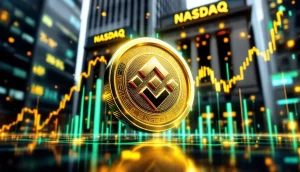 BNBのシンボルとナスダックのビルを背景にした、企業の成長を示すデジタルグラフのイメージ