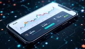 Bybitのアプリ画面に仮想通貨と金、株式のチャートが並んで表示されている未来的なイメージ
