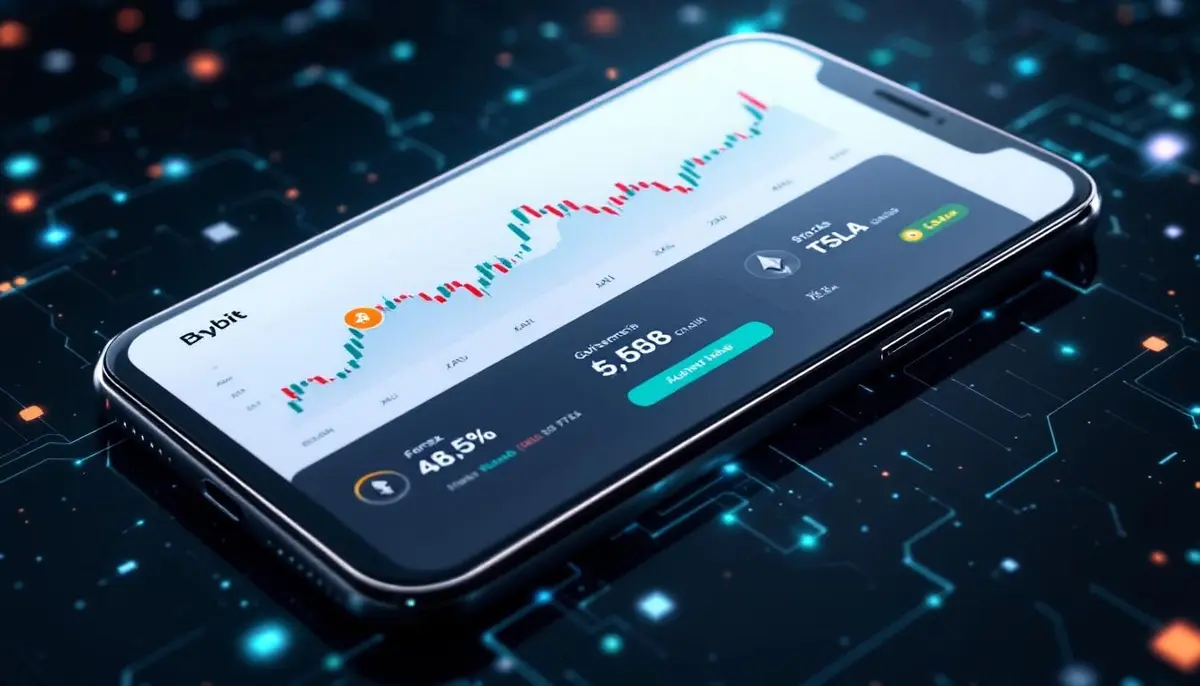 Bybitのアプリ画面に仮想通貨と金、株式のチャートが並んで表示されている未来的なイメージ