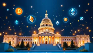 カリフォルニア州議事堂と暗号資産のシンボルを組み合わせた未来的なイメージ