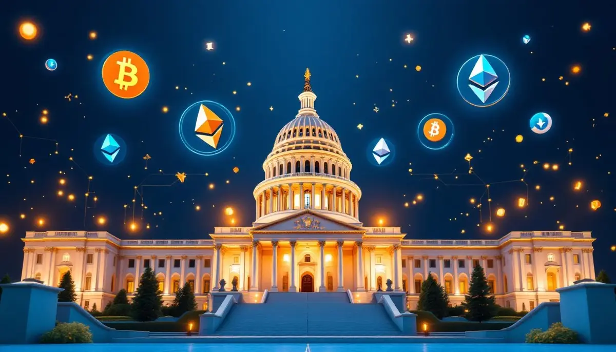 カリフォルニア州議事堂と暗号資産のシンボルを組み合わせた未来的なイメージ
