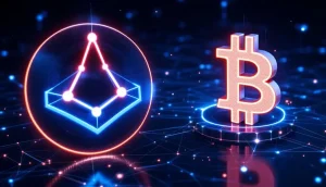 カルダノとビットコインのロゴがデジタルブリッジで結ばれている未来的なイメージ。