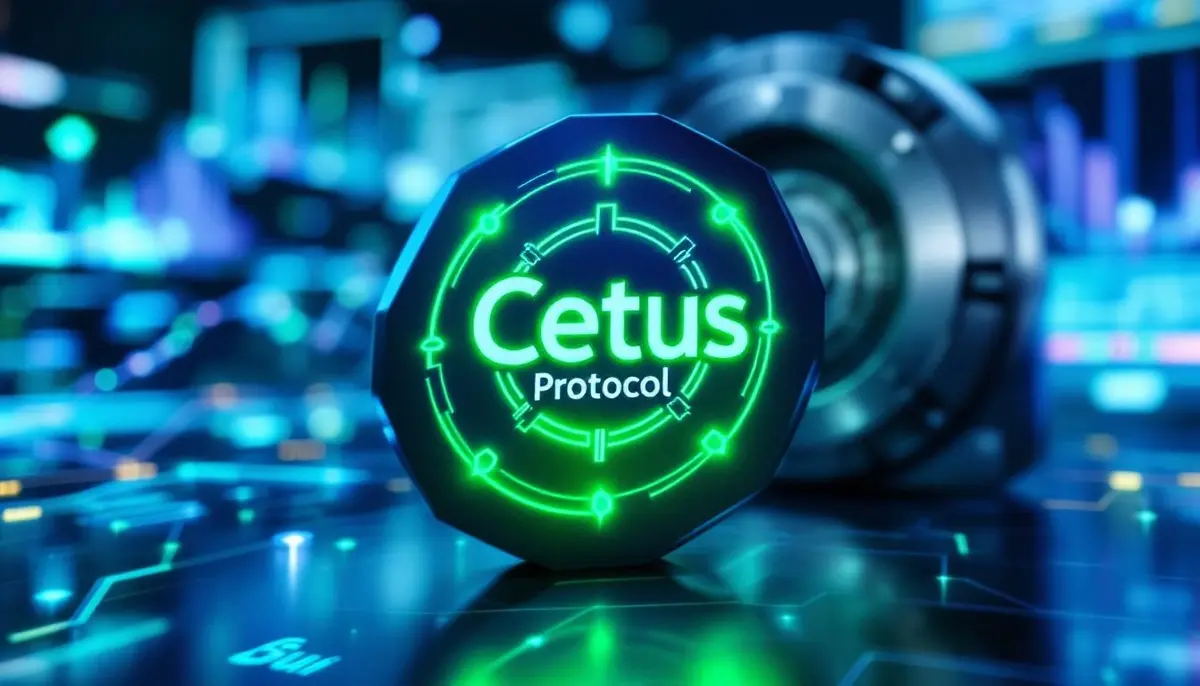 Cetusプロトコルのロゴが輝き、背景にはSuiブロックチェーンの安全なネットワークが広がるイメージ