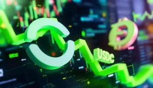 サークルのロゴとUSDCのシンボルが上昇する株価チャート