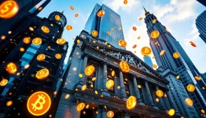 デジタル通貨のシンボルが浮かぶニューヨーク証券取引所の近代的な金融ビル