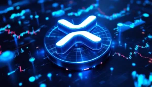 リップル（XRP）のロゴと急上昇する取引高を示すグラフ