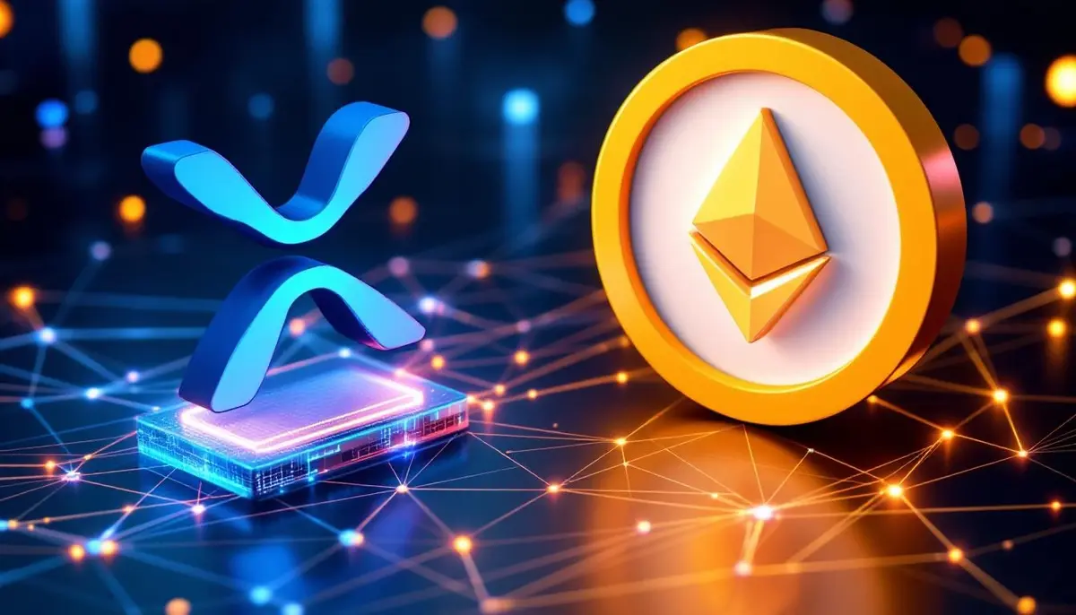 コインベースのBaseネットワークとXRP、ドージコインの連携を表現したデジタルイメージ