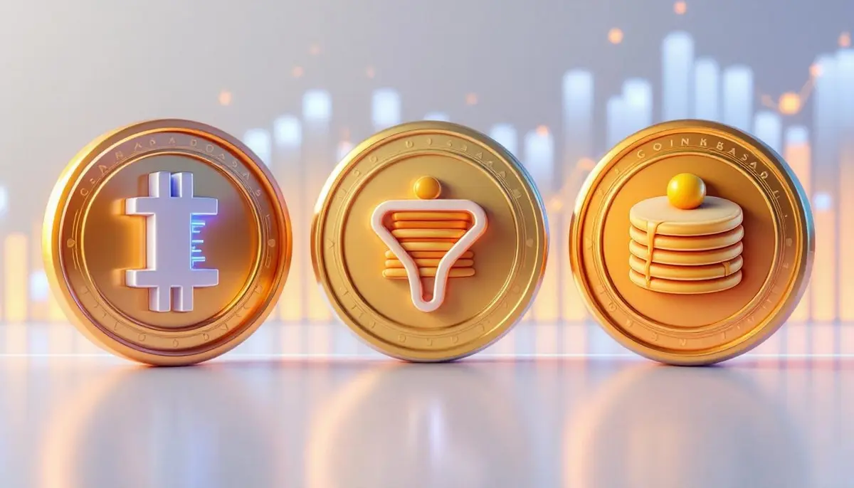 コインベースのロゴと、新規上場する3つの仮想通貨（FARTCOIN、SQD、CAKE）のシンボルが並んでいる様子