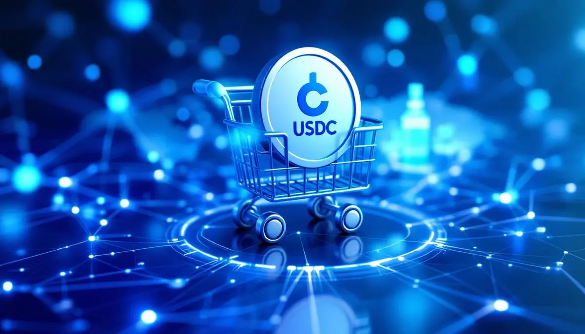 CoinbaseとUSDCのロゴがeコマースプラットフォームに統合された未来的なイメージ