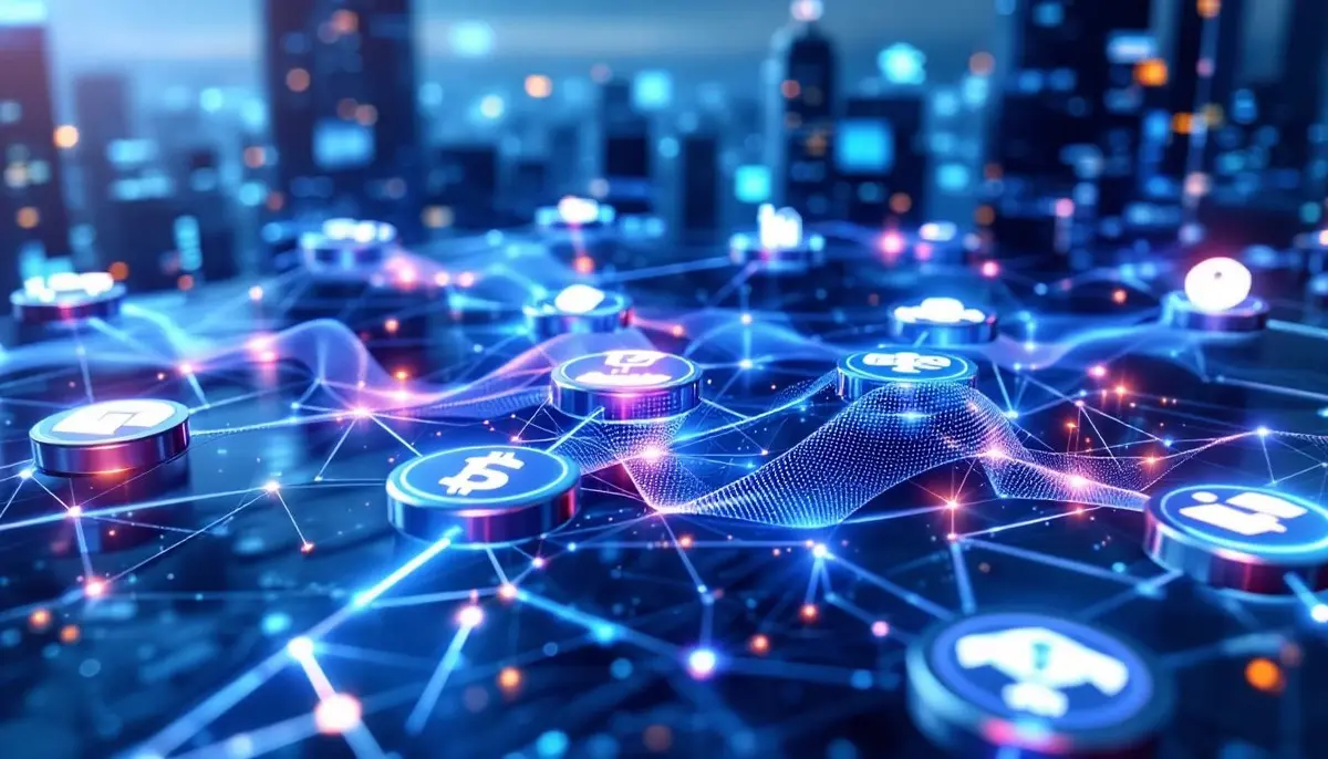 Fortune 500企業のロゴが組み込まれたブロックチェーンネットワークの未来的なイメージ