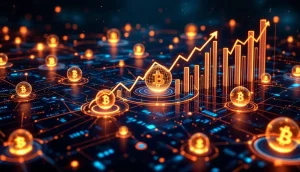 仮想通貨の成長チャートと未来的なブロックチェーンネットワークの可視化