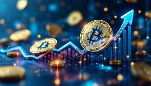 上昇トレンドを示す仮想通貨とブロックチェーンネットワークのイメージ