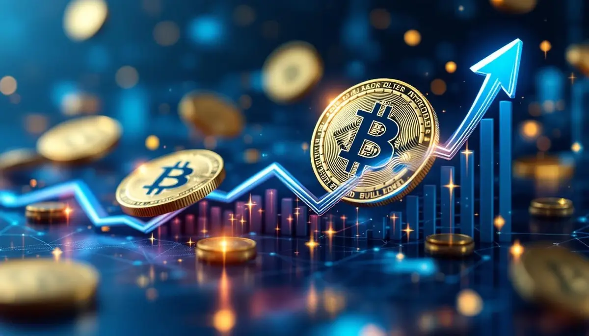 上昇トレンドを示す仮想通貨とブロックチェーンネットワークのイメージ