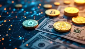 米ドル紙幣の上に浮かぶ仮想通貨コインとブロックチェーンネットワークのイメージ