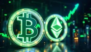 上昇する金融チャートを背景に、緑色に輝くビットコインとイーサリアムのシンボルが描かれた未来的なイメージ