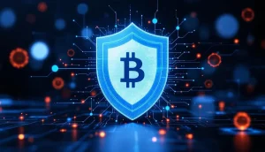 仮想通貨のセキュリティ対策を表現したデジタルシールドのイメージ