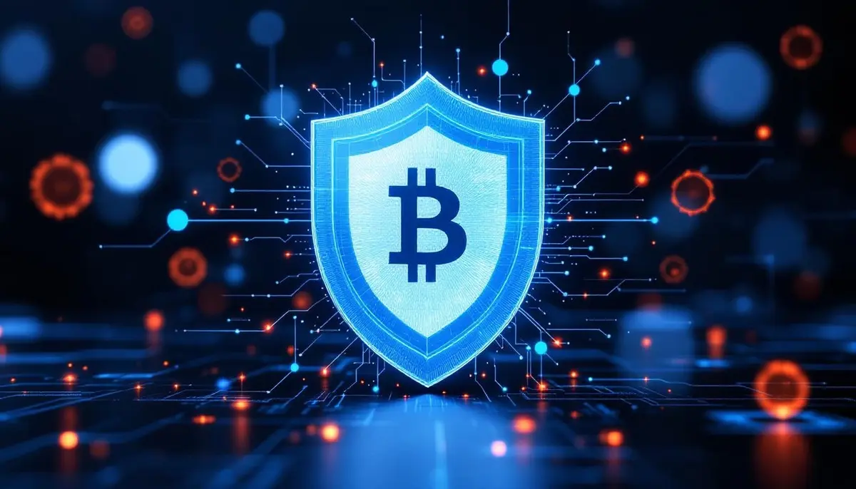 仮想通貨のセキュリティ対策を表現したデジタルシールドのイメージ