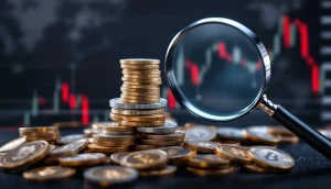 米国債の上に不安定に積まれた仮想通貨のコイン。金融システムへのリスクを象徴している。