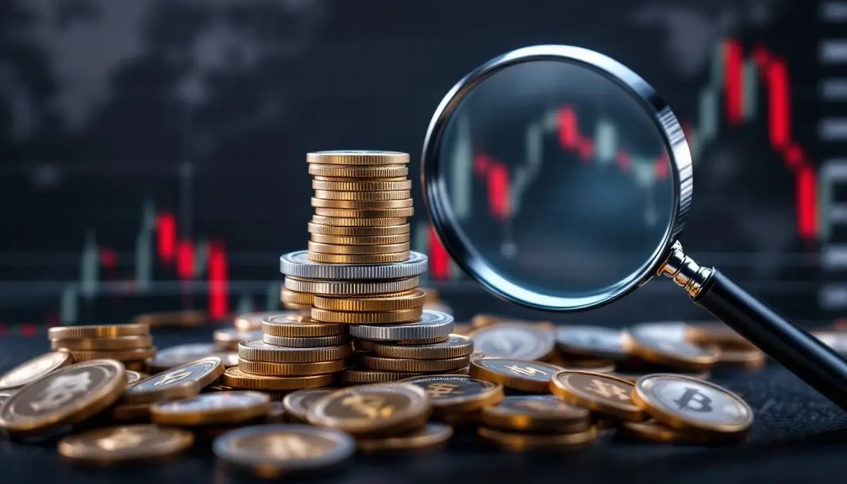 米国債の上に不安定に積まれた仮想通貨のコイン。金融システムへのリスクを象徴している。
