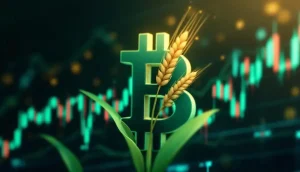 ビットコインのシンボルと小麦の穂が絡み合い、背景にデジタル金融チャート