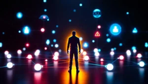 中央集権的なデジタルIDシステムのリスクを象徴する、警告マークの付いたネットワークと匿名の人物像