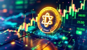 ブロックチェーン上で取引されるトークン化された株式を示す未来的なグラフィック