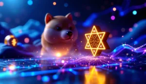 ドージコインのシンボルが後退し、Solaxyのシンボルが前進する未来的なブロックチェーンのイメージ