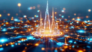 ドバイのスカイラインとブロックチェーンネットワークを表現した未来的なデジタル画像