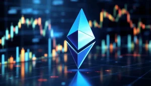 イーサリアムのロゴと上昇チャートを表示する金融投資のイメージ