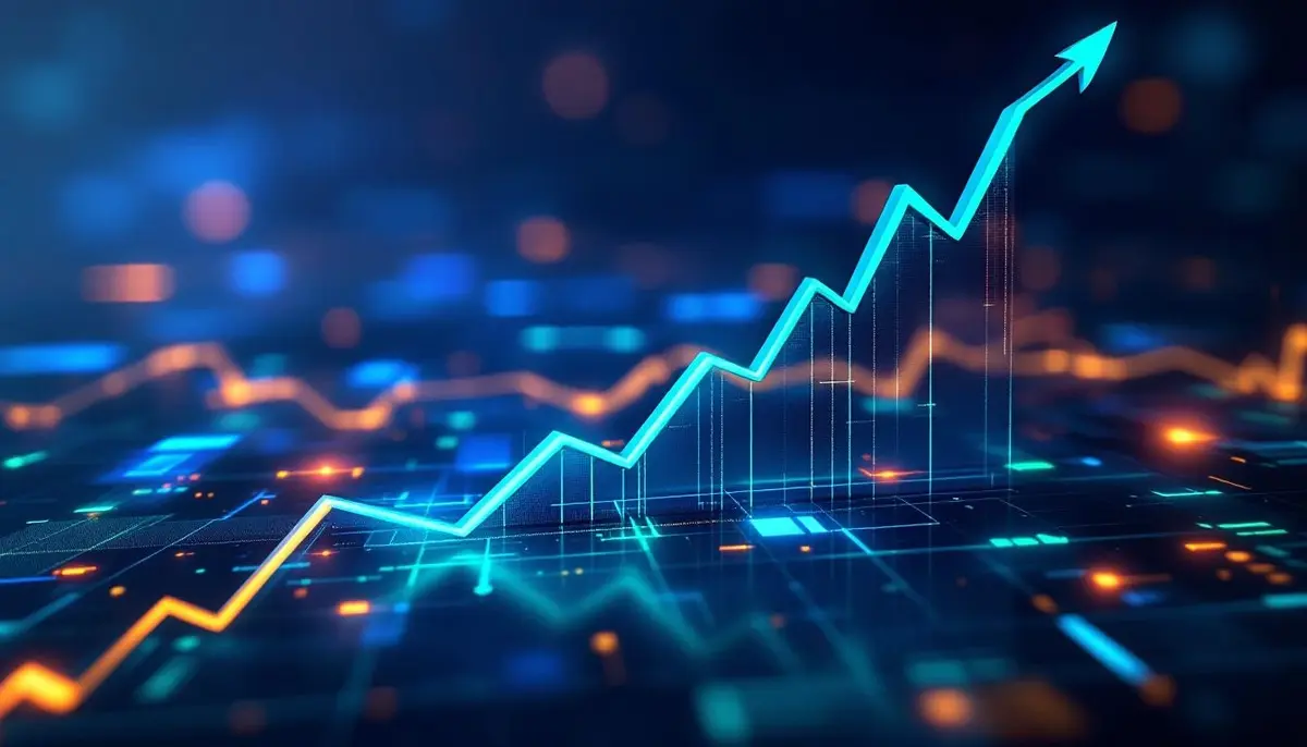 仮想通貨企業FalconXのロゴと上昇する株価チャートを示す未来的デザイン