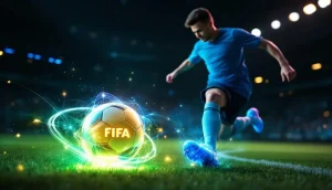 未来的なスタジアムを背景にサッカー選手がボールを蹴る「FIFA Rivals」のイメージ画像