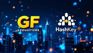 香港の夜景を背景にGF証券とHashKeyのロゴが並ぶ