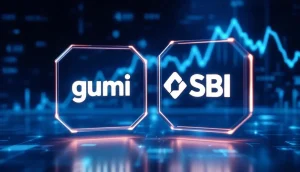 gumiとSBIのロゴが浮かぶ未来的な金融ブロックチェーンのイメージ