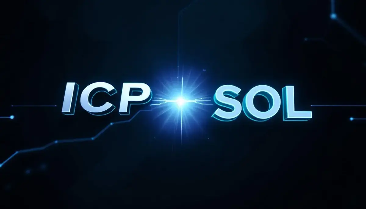 インターネットコンピュータ（ICP）とソラナ（SOL）のロゴがデジタル空間で接続されているイメージ。