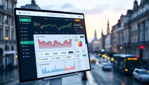 英国の金融街を背景にした仮想通貨取引プラットフォームのインターフェース