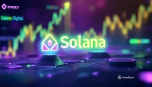 ソラナのロゴとインベスコ、ギャラクシーデジタルのロゴが描かれた未来的な金融背景